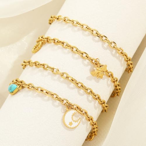 10 PCS Bracelets for Women Stainless Steel Chain Link Bracelet Set | 6.7 Inches with Extender, Jewelry Gifts for DIY, Chains Bulk, Oval, Curb, Figaro Chains, 18K Gold Plated, Silver, Chunky - color: Curb Gold
