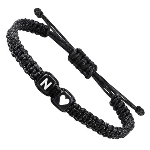 Valentines Day Gifts for Him Her Heart Love Letter Initial Matching Couple Bracelets for Women Men Teen Gifts Best Friend Graduation Birthday Gifts A-Z Braided Bracelet Son Daughter Dad Jewelry - color: Black-N
