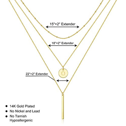 Initial Layered Necklaces for Women, 14K-Gold-Plated Coin Letter Necklace Bar Stacking Layer Necklace Multi Bar Layering Y-Necklaces Jewelry for Women - color: 14K-Gold-Plated, style: O