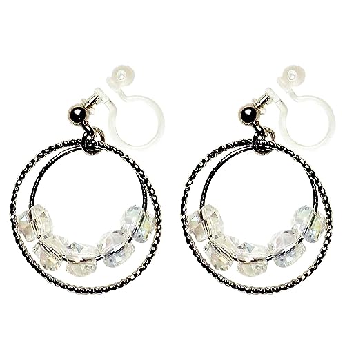 Dangle Silver Invisible Clip On Earrings for Women Not Pierced Gold Crystal Rhinestone Comfortable Hoop Fringe Long Chain Clip On Earrings - color: Hoop Silver