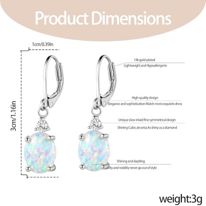 Dainty Opal Earrings for Women Sterling Silver Pear Oval Blue Opal Dangle Earrings Leverback Earrings Gold - color: leverback-white opal
