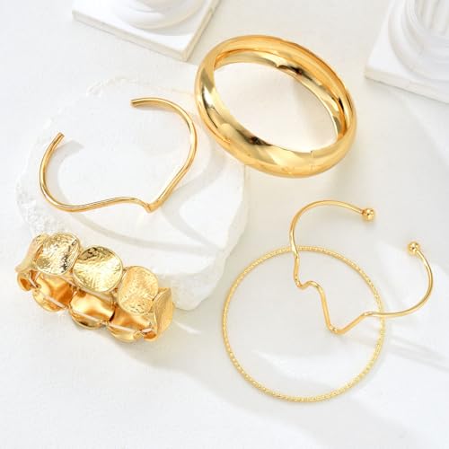 Golden Stackable Bracelets Set for Women Trendy Multi Layer Adjustable Chunk Flower Cuff Bracelet Geometric Irregular Wave Statement Bangle Glamour Stacking Cuff Jewelry - color: Gold-A