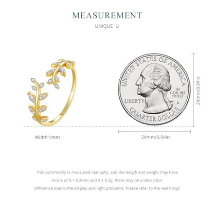 MUNDELL 925 Sterling Silver Simple Multi-layer Leaf Adjustable Ring Green Lucky Leaves Statement Ring for Women Promise Ring Fine Jewelry - color: Golden Leaf