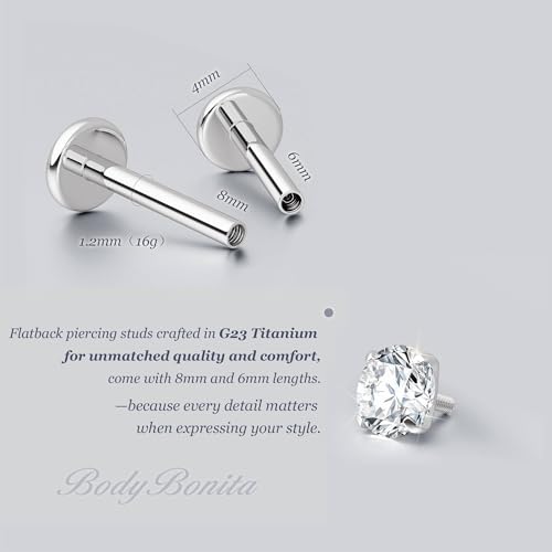 G23 Titanium 16G Tragus Conch Piercing Jewelry Flat Back Stud Earrings | Hypoallergenic CZ Nose Dangle Helix Medusa Lip Labret Body Piercing Jewelry, 14K Gold Plated, Silver, 6 and 8 mm Post Length - color: Clear CZ-Titanium