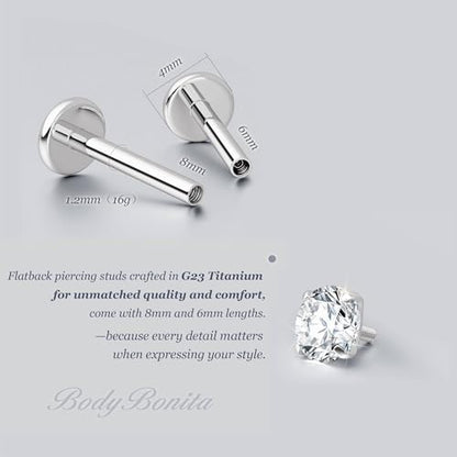 G23 Titanium 16G Tragus Conch Piercing Jewelry Flat Back Stud Earrings | Hypoallergenic CZ Nose Dangle Helix Medusa Lip Labret Body Piercing Jewelry, 14K Gold Plated, Silver, 6 and 8 mm Post Length - color: Clear CZ-Titanium