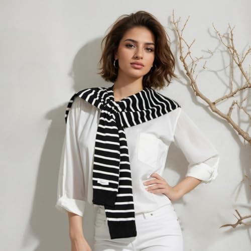 WaJuemy Women's Sweater Shawl Wraps Sleeves Knitted Collar Sweater Scarf Top Casual Lightweight Shoulder Cape Accessories - color: 16 Black White Stripe X