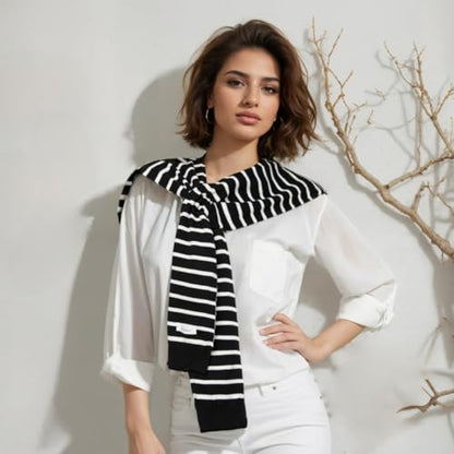 WaJuemy Women's Sweater Shawl Wraps Sleeves Knitted Collar Sweater Scarf Top Casual Lightweight Shoulder Cape Accessories - color: 16 Black White Stripe X