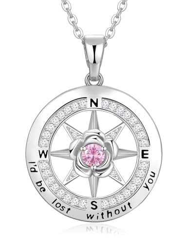 Meeshi Silver Compass Necklace for Women Birthday Gifts for Wife Anniversary Necklace for Women Rose Flower Birthstone Necklaces for Wife Jewelry for Womens Girlfriend Mom Daughter - style: 10-October-Tourmaline