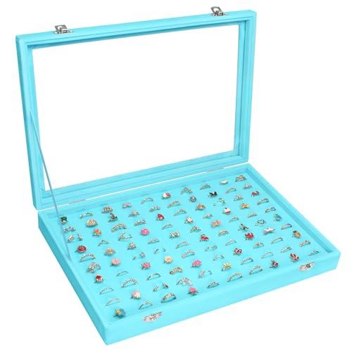 Vicoter 100 Slots Ring Organizer Tray,Velvet Ring Box with Clear Lid | Velvet Lining Provides Protection,Fits Rings of Various Sizes,Glass Lid Jewelry Tray,for Personal Use and Ring Display - color: Light Blue