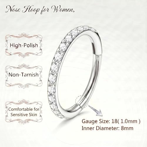 Staligue Nose Hoop ring - 316L Surgical Steel Nose Ring 16/18/20G Hinged Diamond Nose Ring Hoop Septum Clicker Rings Cartilage Earring Helix Rook Tragus Daith Piercing Jewelry for Women 6MM/8MM/10MM/12MM - color: Silver, size: 18G-8MM