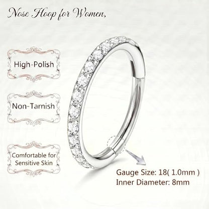 Staligue Nose Hoop ring - 316L Surgical Steel Nose Ring 16/18/20G Hinged Diamond Nose Ring Hoop Septum Clicker Rings Cartilage Earring Helix Rook Tragus Daith Piercing Jewelry for Women 6MM/8MM/10MM/12MM - color: Silver, size: 18G-8MM