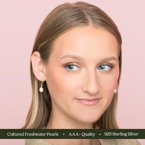 KEZEF Freshwater Cultured Pearl Drop Earrings, 14k White Gold Plated Sterling Silver, 7-8mm Dangle Earrings, Leverback, Hypoallergenic for Women, White Pearl Earrings - style: 14k Yellow Gold