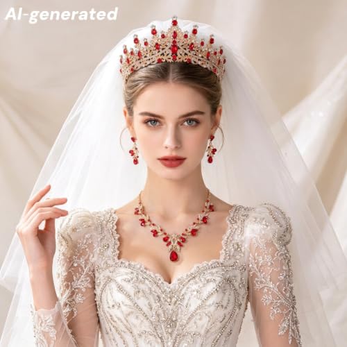 Kamirola Tiaras and Crowns for Women,Tiaras Earrings Necklace, Crystal Bridal Jewelry Set, Costume Jewelry for Women Party Halloween Prom Pageant - color: GOLD RED