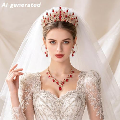 Kamirola Tiaras and Crowns for Women,Tiaras Earrings Necklace, Crystal Bridal Jewelry Set, Costume Jewelry for Women Party Halloween Prom Pageant - color: GOLD RED