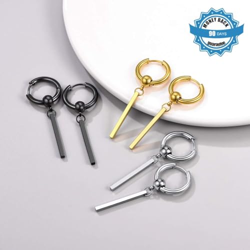 PROSTEEL Stainless Steel Huggie Hoop Earrings for Mens Gold/Black/Silver | Skull/Infinity Pattern, Spike/Cuban Links 4 Design Options Hypoallergenic Lightweight Earring Hip Hop Punk Gothic Jewelry - style: 08-Straight Dangle(3 Pairs)