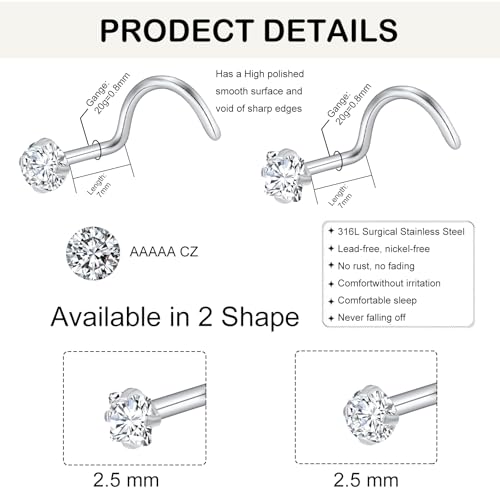 20G Nose Rings Studs for Women Corkscrew Sliver Nose Studs Hypoallergenic Nose Rings 316L Stainless Steel Nose Nostril Percing Jewely for Women Men Round Square CZ Imitation Diamond 1.5mm/2.0mm/2.5mm/3.0mm - style: 20G-corkscrew-sliver-2.5mm