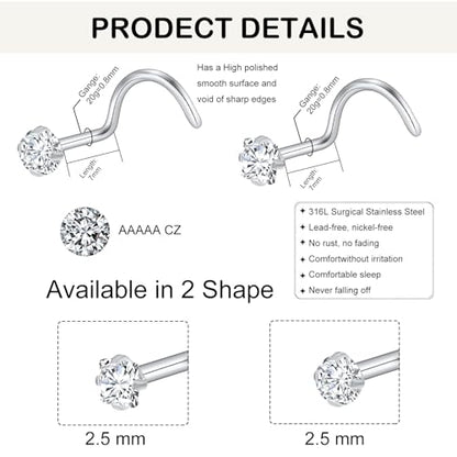 20G Nose Rings Studs for Women Corkscrew Sliver Nose Studs Hypoallergenic Nose Rings 316L Stainless Steel Nose Nostril Percing Jewely for Women Men Round Square CZ Imitation Diamond 1.5mm/2.0mm/2.5mm/3.0mm - style: 20G-corkscrew-sliver-2.5mm