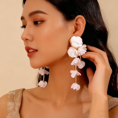 Fabric Flower Earrings for Women Colorful Long Tassel Floral Drop Earrings Fashion Boho Exaggerated Statement Beach Party Jewelry - color: white