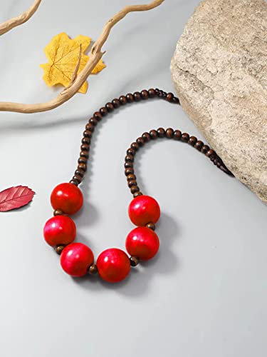 COLORFUL BLING Ethnic Large Chunky Wooden Beaded Necklaces Boho African Statement Necklace Handmade Tribal Collar Choker Bib Jewelry - color: six beads red