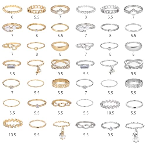 42-Piece Gold Tone Stackable Ring Set for Women, Boho Minimalist Stacking Rings with Crystal & Heart Accents, Adjustable Open Band Jewelry for Daily Wear - style: ZH00097