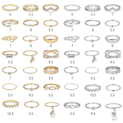 42-Piece Gold Tone Stackable Ring Set for Women, Boho Minimalist Stacking Rings with Crystal & Heart Accents, Adjustable Open Band Jewelry for Daily Wear - style: ZH00097