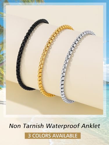 FindChic Stainless Steel Ankle Bracelets for Women, Waterproof Figaro/Cuban/Box/Beaded Chain Anklets, Summer Beach Foot Jewelry, 8.5''-10.5'' Adjustable Length, with Gift Box - style: Box Chain-Gold