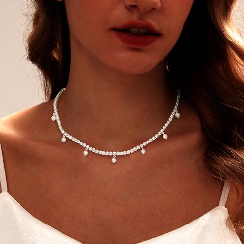 Luxval Tennis Necklace 14K Gold Plated Rhinestone Butterfly Choker Necklaces for women Dainty Zirconia Cut Faux Diamond chain 3mm - color: Silver-Pearl dangle tennis
