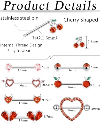 8 Pairs Nipple Rings 14G Stainless Steel Heart Cherry Apple Devil CZ Acrylic Ball Stud Barbell Tongue Rings Set Cute Nipplerings Piercing Jewelry for Women Red Silver Tone - color: Red