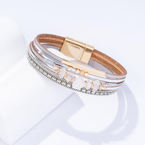 Boho Gemstone Beaded Leather Wrap Bracelets Stackable Chunky Cuff Bracelet Western Jewelry Cowboy Chic Country Concert Outfits for Women - color: Silver