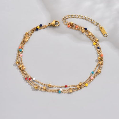 18K Gold Plated Boho Beaded Anklets for Women Dainty Gold Layered Round Ball Ankle Bracelet Pearl Cross Anklet Bracelet Waterproof Gold Jewelry - color: 3Layered Colorful Beads-Gold