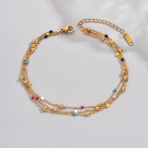 18K Gold Plated Boho Beaded Anklets for Women Dainty Gold Layered Round Ball Ankle Bracelet Pearl Cross Anklet Bracelet Waterproof Gold Jewelry - color: 3Layered Colorful Beads-Gold