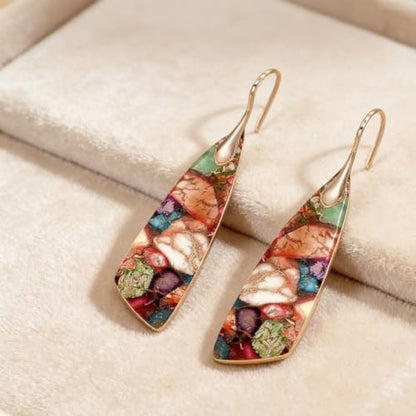 Boho Natural Imperial Jasper Teardrop Dangle Earrings for Women – Hypoallergenic French Hook Stone Drop Earrings Jewelry - color: Colorful Golden Hook