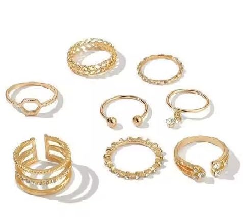 8Pcs Gold Tone Stackable Ring Set for Women Mixed Design Fashion Finger Rings with Crystal Accents Dainty Chunky Ring for Daily Wear Party Wedding Ring