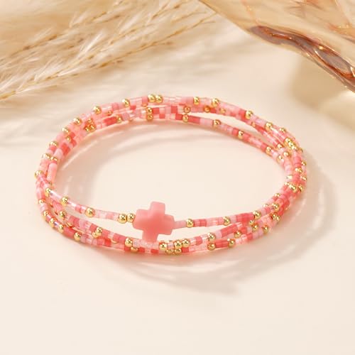 Christian Cross Christmas Stackable Seed Beaded Bracelets for Women, Boho Colorful Healing Stretch Accessories God Christ Pray Faith Amulet Jewelry, Daily Party Holiday Friendship Gift - color: Pink