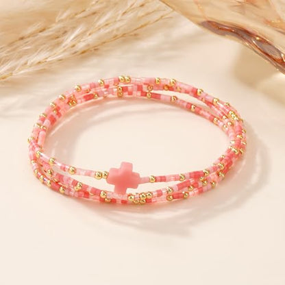 Christian Cross Christmas Stackable Seed Beaded Bracelets for Women, Boho Colorful Healing Stretch Accessories God Christ Pray Faith Amulet Jewelry, Daily Party Holiday Friendship Gift - color: Pink