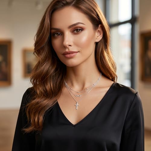 MONGAS Boho Layered Necklace Sterling Silver Triple 3 Stacked Vertical Bar Triangle Long Layering Necklaces Christmas Jewelry Gifts for Women - style: Infinity Cross