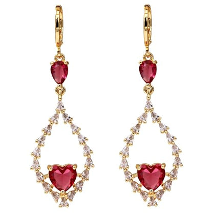 18K Gold Plated Flower Dangle Earrings for Women, Hypoallergenic Cubic Zirconia Earrings, Elegant CZ Drop Earrings, Statement Jewelry Gifts Party Fashion - style: OBS7508-Red