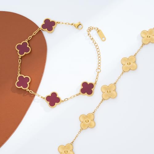 Waterproof Four-Leaf Clover Bracelet,Adjustable Link Double Sided Jewelry, Lovely Fashion Jewelry Gift for Women - color: Gold Bracelet + Red Bracelet