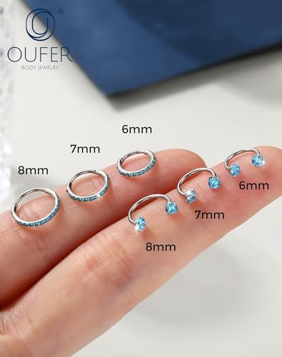 OUFER 2PCS Nose Rings Hoops, 20g Double Gem Horseshoe Threadless Nose Rings for Women, Septum Clicker Daith Tragus Helix Rook Eyebrow Lip Piercing Jewelry - color: Silver Aqua CZ