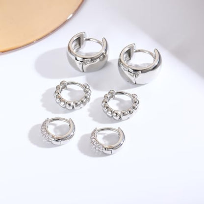 3 Pairs Huggie Hoop Earring Set 18K Gold Plated Cubic Zirconia Cartilage Earrings, Multi Piercings Ear Jacket Earring Climber Stud Earring for Women Everyday Earrings - color: 3 Silver Hoop