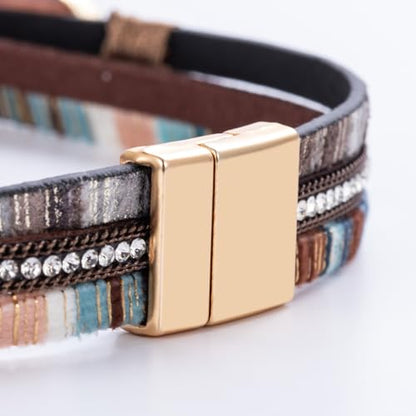 Boho Chunky Leather Wrap Bracelets Stackable Beaded Western Country Jewelry | Crystal Bead Trendy Layered Cuff Magnetic Clasp Stack Bohemian Statement Costume Outfits Cowgirl Fashion Hippie Accessories - color: Boho Brown, size: 14.7"