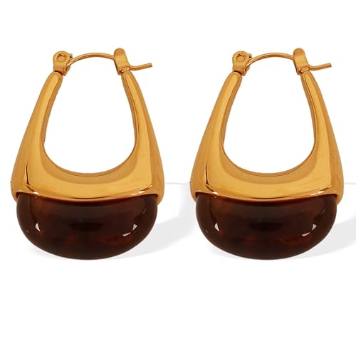 Chunky Gold Boho Hoop Dangle Earrings for Women Gold Plated Hypoallergenic Vintage Stainless Steel Resin Drop Prom Earrings Summer Prom Maximalist Jewelry Gift - color: Teardrop/Amber Brown