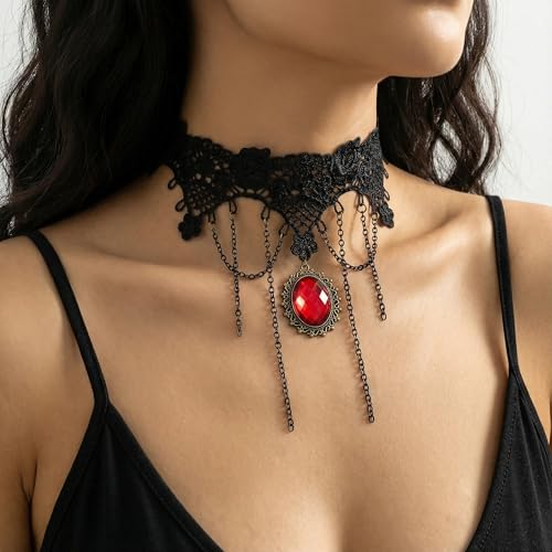 Qceasiy Gothic Black Necklace for Women, Adjustable Victorian Velvet Lace Collar, Halloween Party Cosplay Jewelry Gift - style: Red Gem Chain