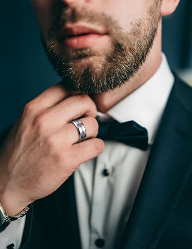 King Will Classic Tungsten Carbide Ring Brushed Two Grooved Center Hammered Design Mens Wedding Band for Men | Black/Silver/Gold, 8mm, Men's Wedding Band, Grooved, Comfort Fit, Everyday Wear - color: A-Silver 8mm