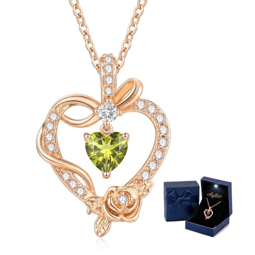 Heart Birthstone Necklace, LED Gift Box | Heart birthstone necklace with rose CZ pendant and LED gift box, ready-to-gift birthday gift for mom, wife, grandma, sister - color: Rose Gold 08-Aug Olive Green