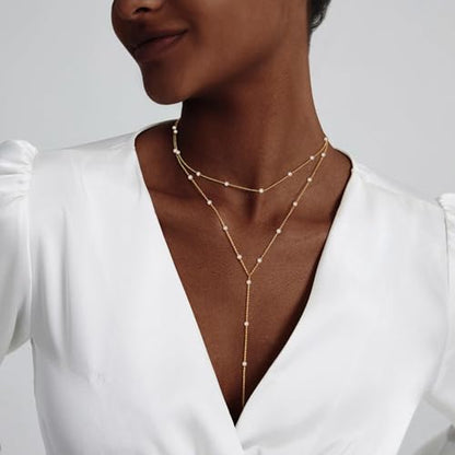HERIER Gold Jewelry Set for Women - Dainty 14K Gold/Silver Plated Pearl Choker Necklace, Drop Earrings & Bracelets - Wedding Trendy Pearl Jewelry Gift - color: Y Layered Pearl Set-Gold