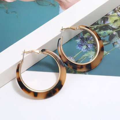 Tortoiseshell Hoop Earrings for Women Colorful Leopard Charm Earrings C-Shaped Circular Statement Earring Lightweight Resin Earring Party Holiday Birthday Party Daily Wear Jewelry - color: Brown