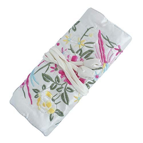Travel Jewelry Roll Bag - Silk Embroidered Brocade Pouch for Rings, Necklaces, Earrings, Bracelets | Lightweight & Tie Closure (White) - color: White