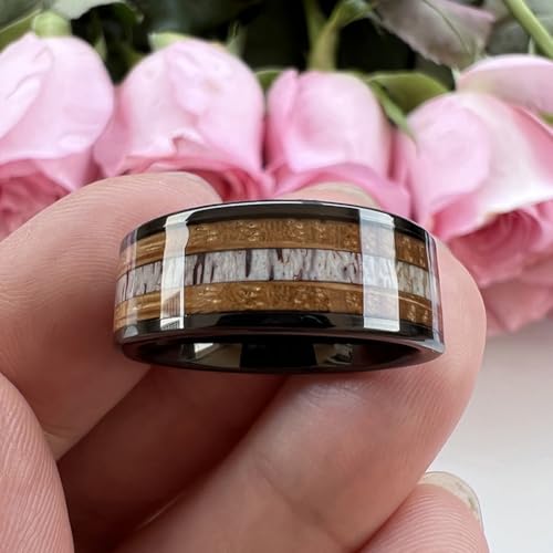 TUTISS 8mm Silver Black Tungsten Rings for Men Women Wedding Bands Whisky Barrel Wood Deer Antler Inlay Flat Polished Shiny Comfort Fit - color: 8mm Black Tungsten