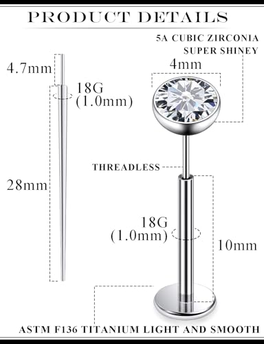 20G 18G 16G F136 Titanium Threadless Flat Back Earrings Nose Studs Tragus Forward Helix Conch Cartilage Lobe Earrings Medusa Labret Snake Bite Monroe Lip Ring Piercing Jewelry For Women Men - size: 18G-10MM Bar-CZ 4MM